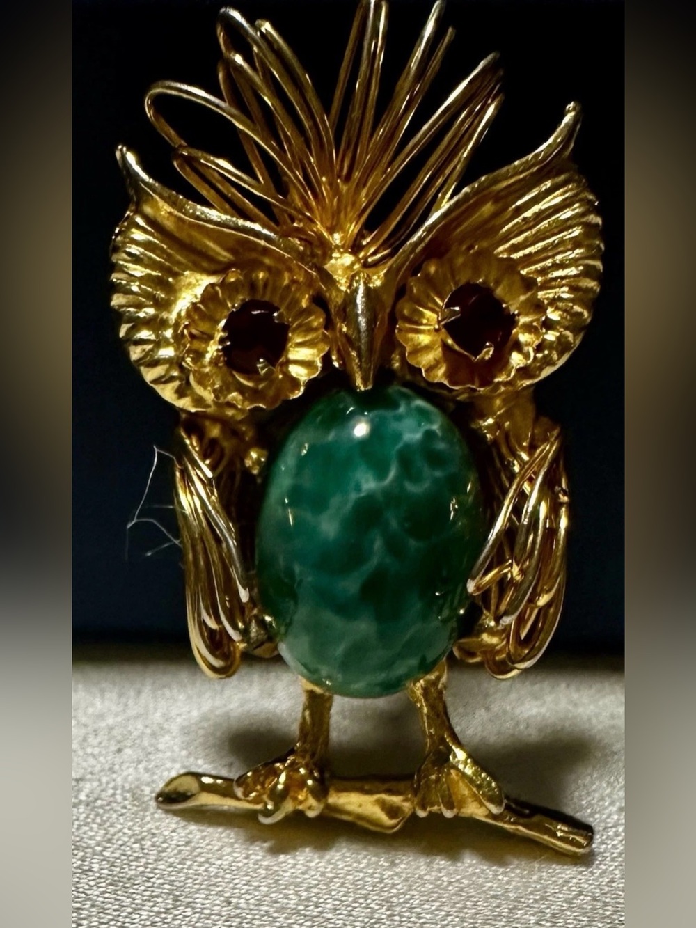 Gold-Tone Owl Brooch with Green Cabochon Stone